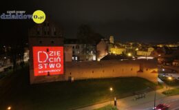 podświetlony zamek z logiem akcji "Dzieciństwo bez Przemocy"