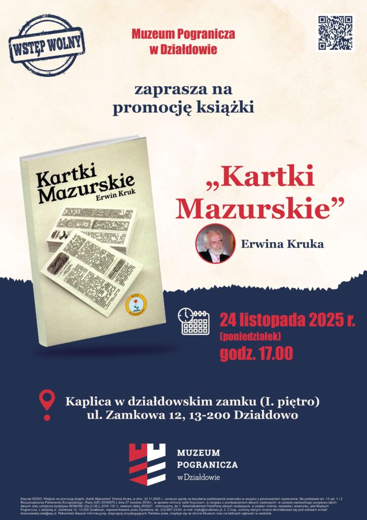Promocja książki Erwina Kruka "Kartki Mazurskie" plakat informujący o spotkaniu