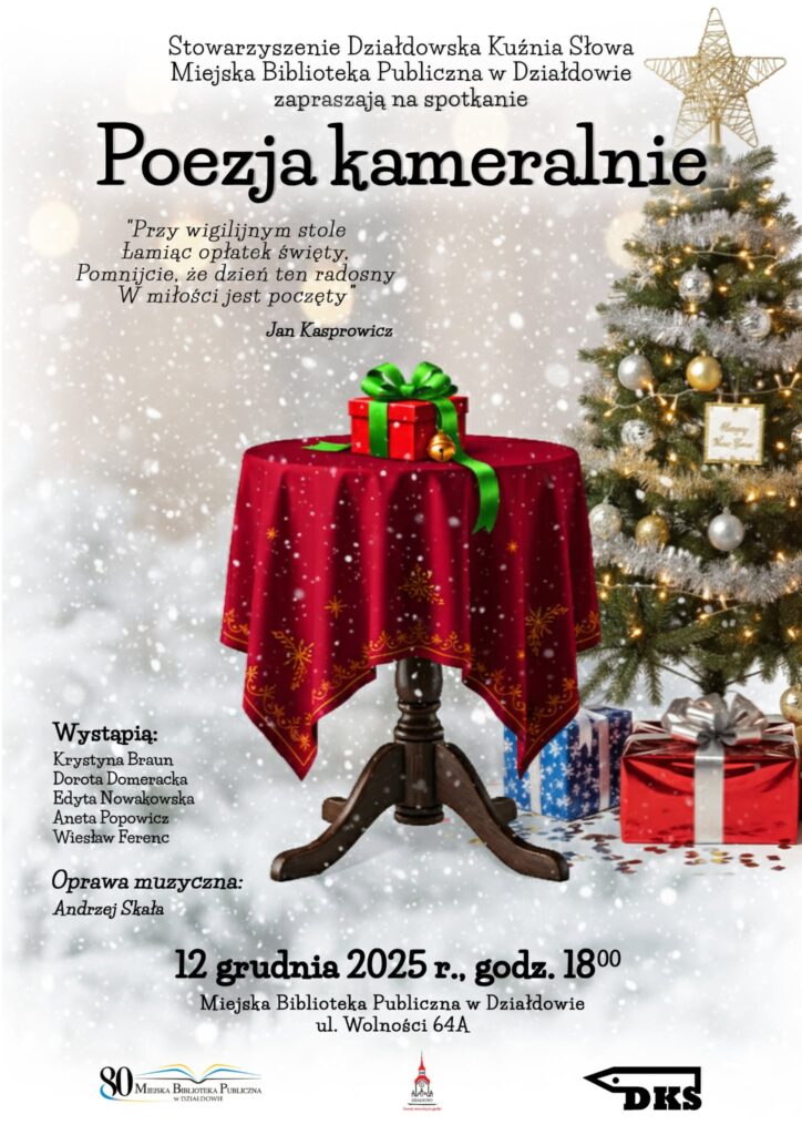 plakat informujący o spotkaniu "Poezja kameralnie" w Miejskiej Bibliotece Publicznej