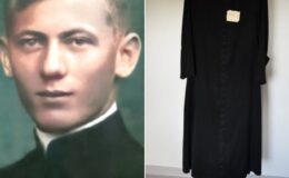 fotografia ks. Leona Kulasińskiego i jego sutanna z numerem obozowym