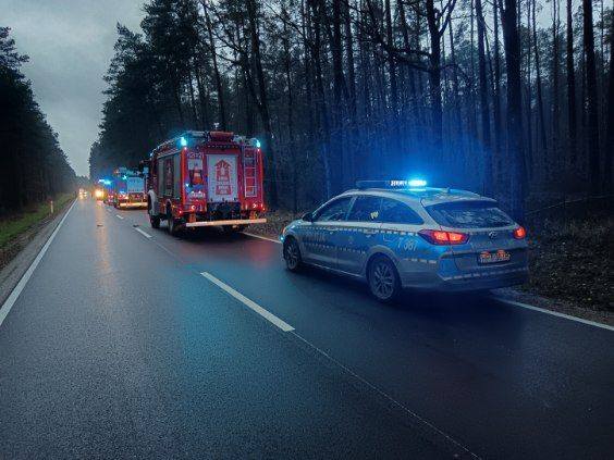 miejsce wypadku, widać policyjny radiowóz i samochód straży pożarnej