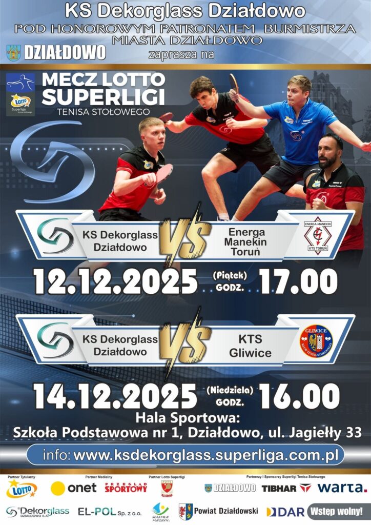 plakat zapraszający na mecz tenisa stołowego Dekorglass Działdowo
