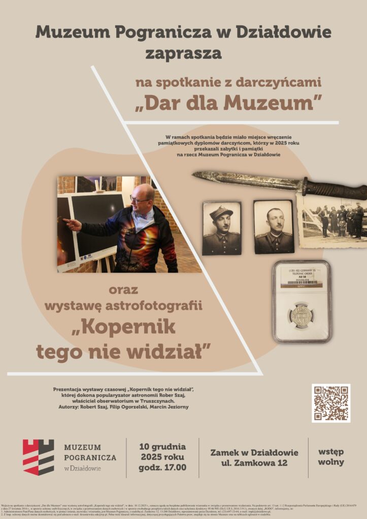 plakat informujący o wydarzeniach w Muzeum Pogranicza w Działdowie