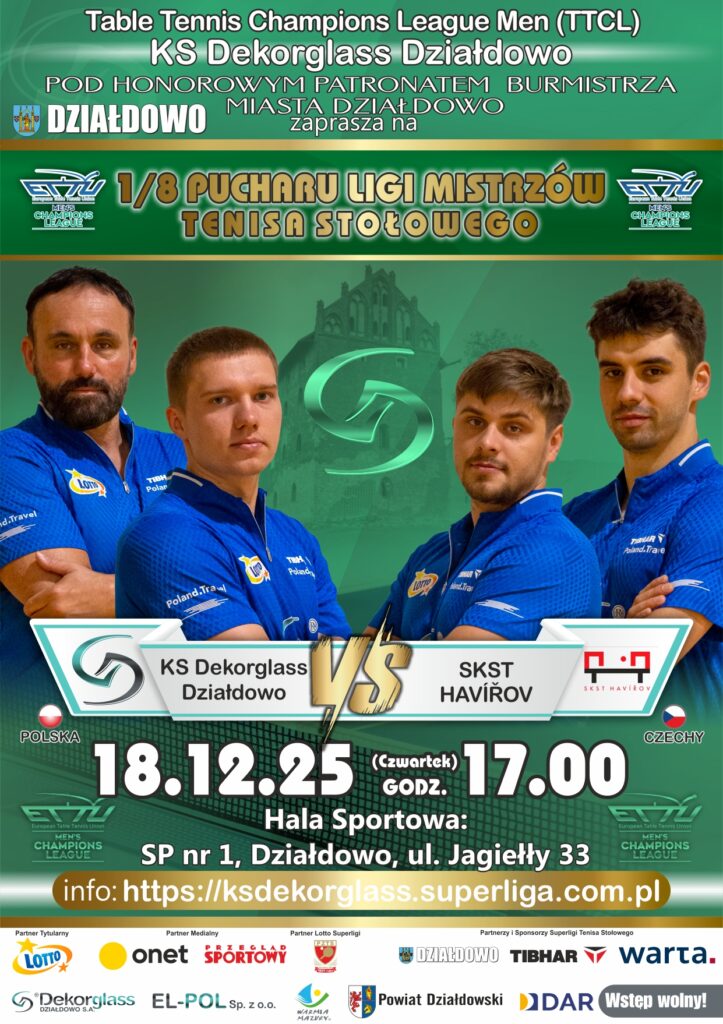plakat zapraszający na mecz tenisa stołowego Dekorglass Działdowo - SKST Havířov