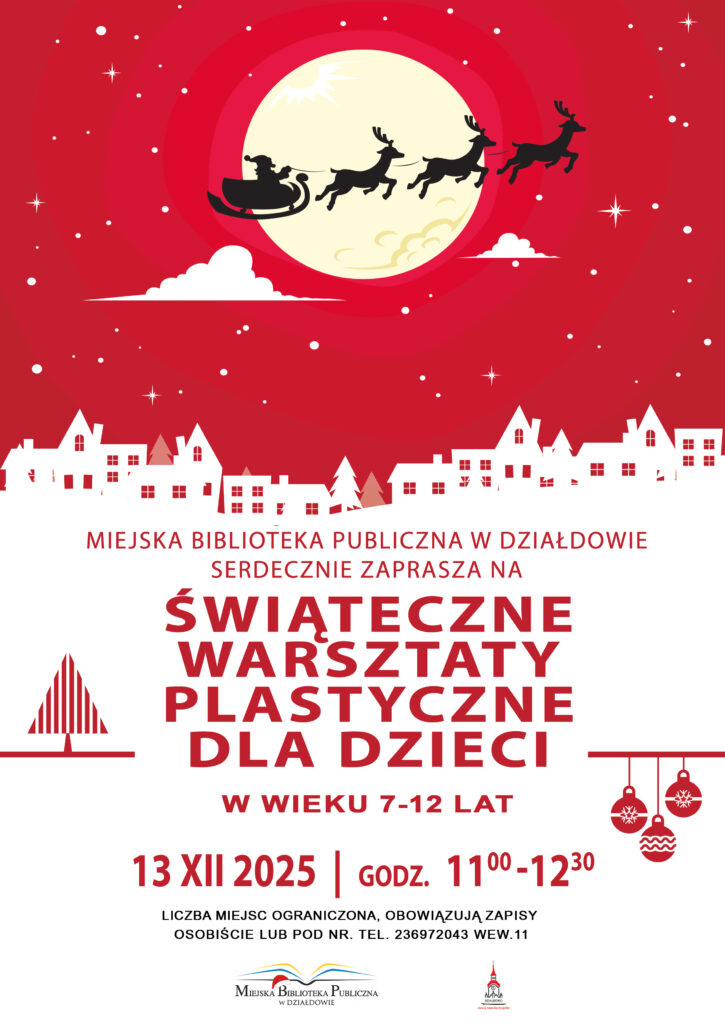 plakat informujący o Świątecznych Warsztatach Plastycznych w MBP w Działdowie