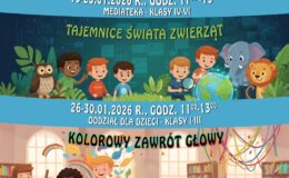 plakat informujący o zajęciach w Miejskiej bibliotece Publicznej podczas ferii zimowych 2026