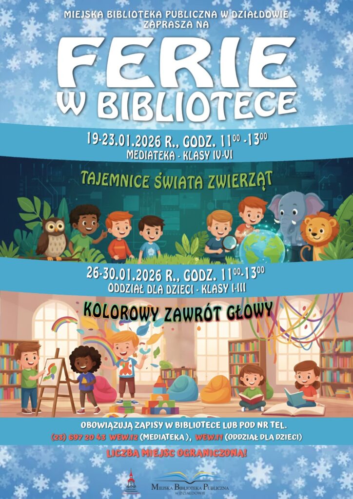 plakat informujący o zajęciach w Miejskiej bibliotece Publicznej podczas ferii zimowych 2026