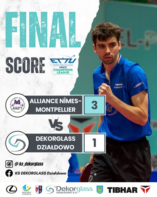 grafika informująca o wyniku spotkania: Alliance Nimes/Montpellier - Dekorglass Działdowo 3:1