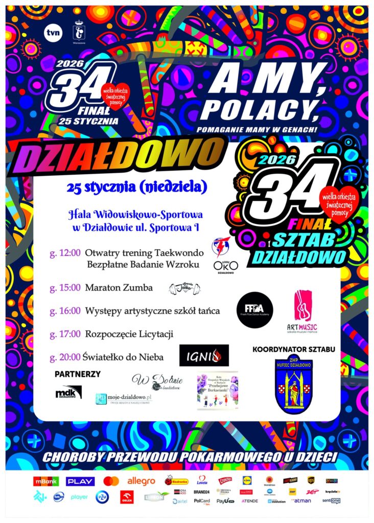 plakat informujący o 34 Finał Wielkiej Orkiestry Świątecznej Pomocy w Działdowie
