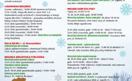a plakacie informacja z programem ferii zimowych w Działdowie organizowanych przez MOSiR, MDK, MBP, MP
