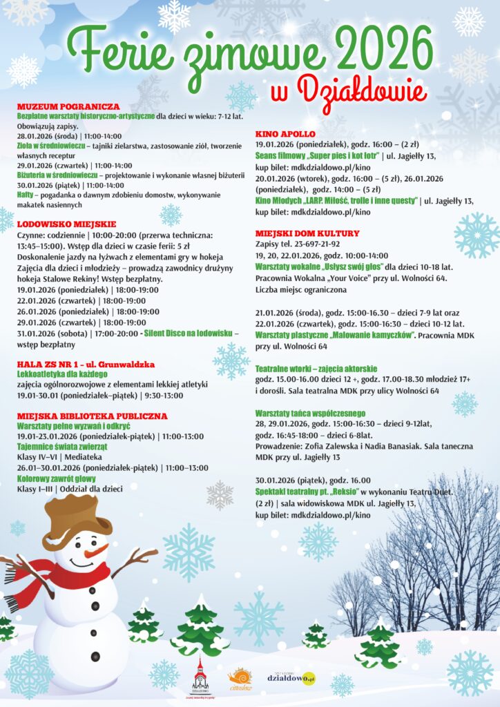 a plakacie informacja z programem ferii zimowych w Działdowie organizowanych przez MOSiR, MDK, MBP, MP