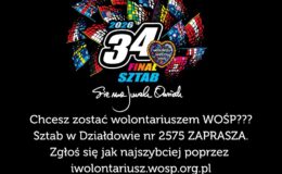 plakat informujący o tym, że Sztab WOŚP w Działdowie poszukuje wolontariuszy