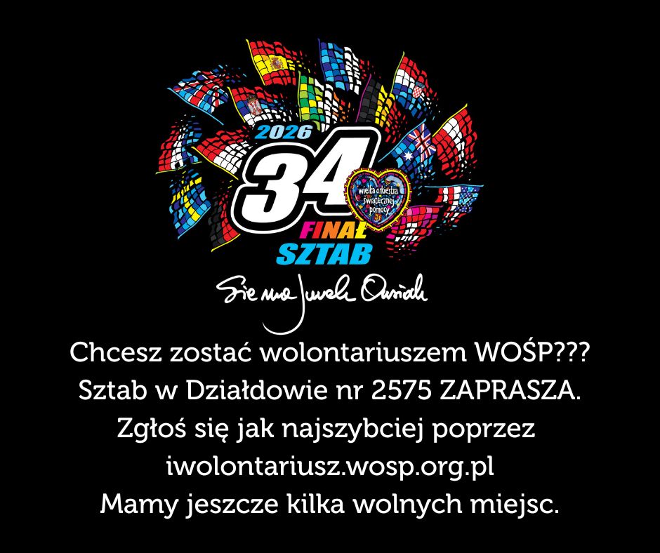 plakat informujący o tym, że Sztab WOŚP w Działdowie poszukuje wolontariuszy
