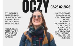 plakat informujący o wystawie w działdowskiej bibliotece - "W cztery oczy"