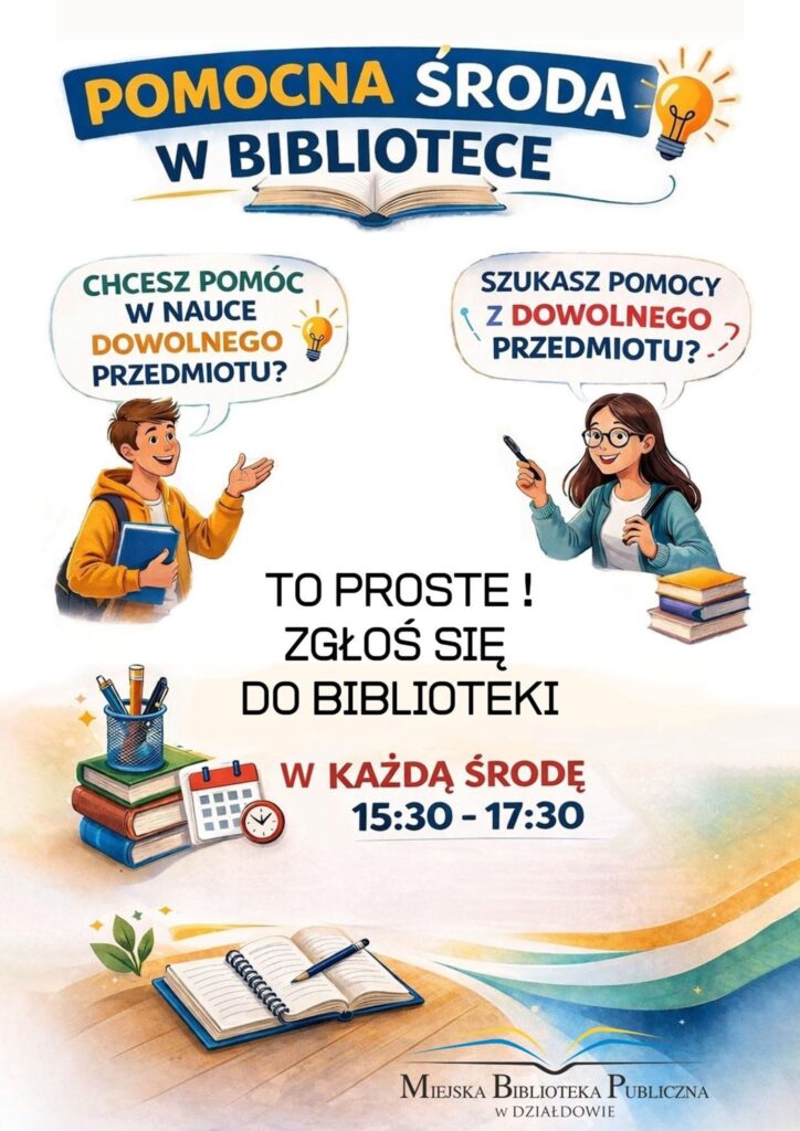 plakat informujący o bezpłatnych zajęciach w Miejskiej Bibliotece Publicznej