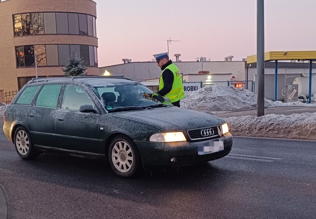 widać policjanta i samochód na drodze, działania trzeźwość w powiecie działdowskim / fot. policja