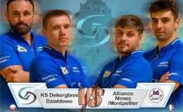 plakat zapraszający na mecz tenisa stołowego Dekorglass Działdowo - Nimes/Montpellier