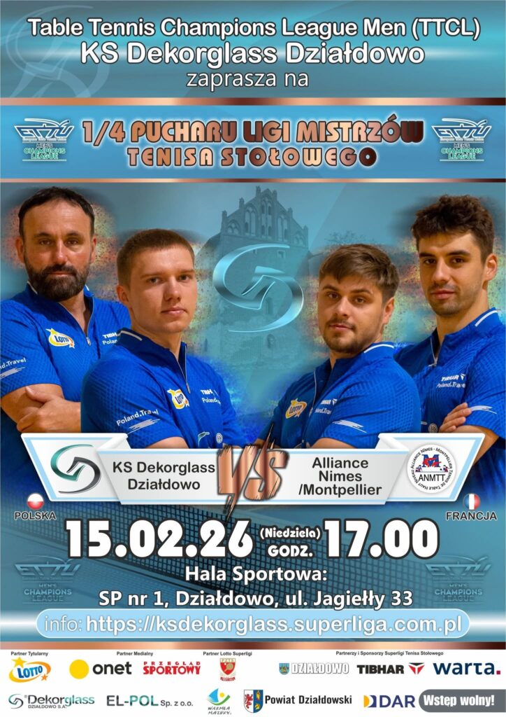 plakat zapraszający na mecz tenisa stołowego Dekorglass Działdowo - Nimes/Montpellier