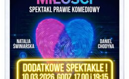 plakat zapraszający na spektakl "Algorytm miłości" w MDK w Działdowie