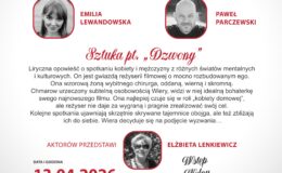 plakat informujący o wydarzeniu artystycznym, jakim jest "Teatr przy stoliku" w Miejskiej Bibliotece Publicznej w Działdowie