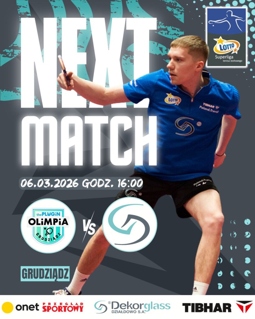 plakat informujący o meczu: The PLUGiN ASTS Olimpia Grudziądz - Dekorglass Działdowo Spotkanie odbędzie się 6 lutego o godz. 16.00