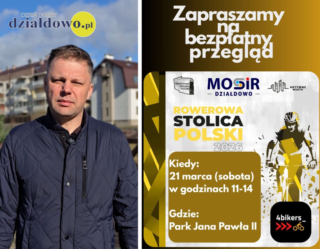 Kacper Leśny, dyrektor Miejskiego Ośrodka Sportu i Rekreacji w Działdowie i plakat informujący o akcji bezpłatnych przeglądów rowerowych