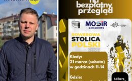 Kacper Leśny, dyrektor Miejskiego Ośrodka Sportu i Rekreacji w Działdowie i plakat informujący o akcji bezpłatnych przeglądów rowerowych