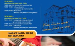 plakat informujący o Dniach Otwartych w Państwowej Szkoły Muzycznej I stopnia im. Arno Kanta w Działdowie i harmonogramie spotkań