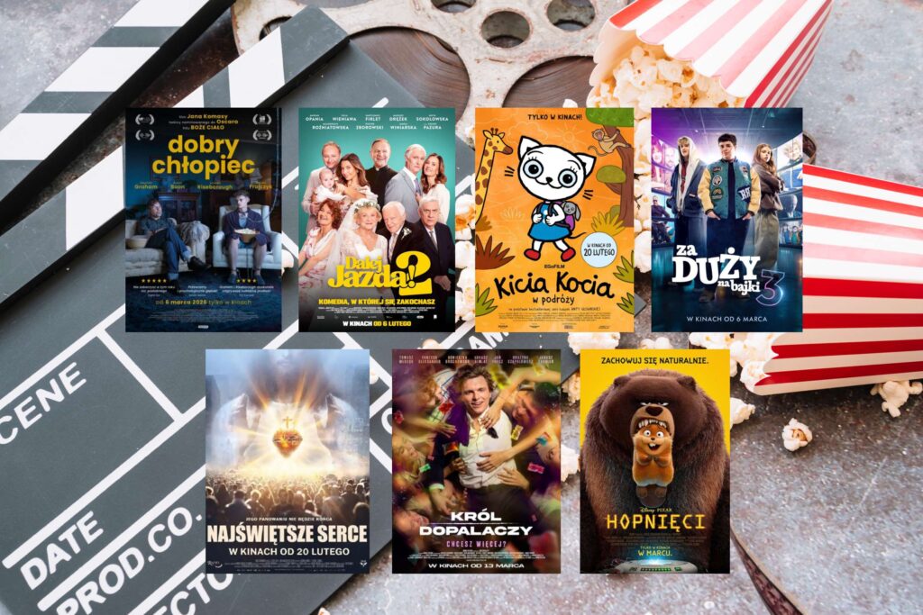 plakaty filmów jak "Hopnięci", "Król dopalaczy", "Najświętsze serce", "Za duży na bajki 3", "Kicia kocia w podróży", "Dalej jazda! 2", "Dobry Chłopiec"