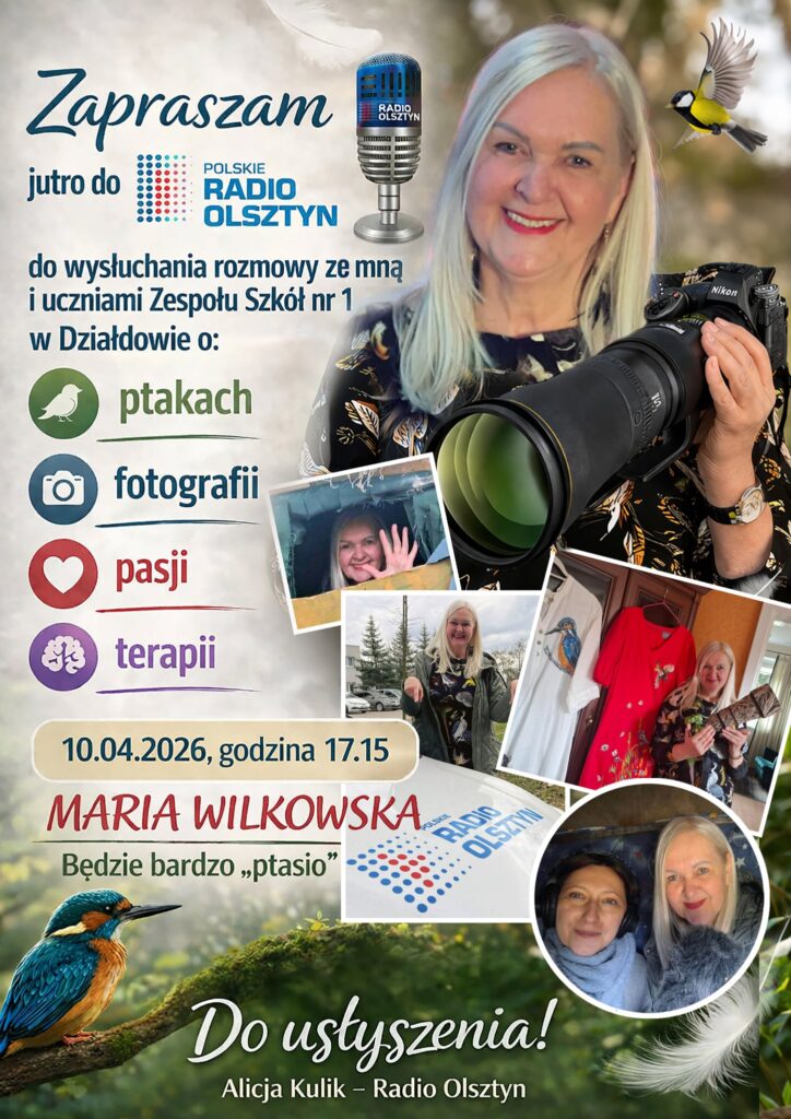 plakat zapraszający do wysłuchania audycji w Radio Olsztyna z Marią Wilkowską