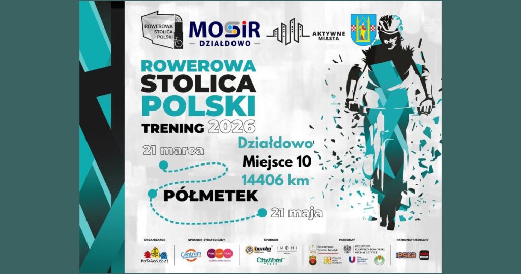 grafika przedstawiająca klasyfikację lokalizacji w ramach Rowerowej Stolicy Polski z wyszczególnionym Działdowem na ósmym miejscu