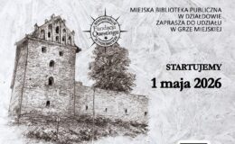 plakat informujący o "Działdowskim questowaniu, historii odkrywaniu" z Miejską Biblioteką Publiczną