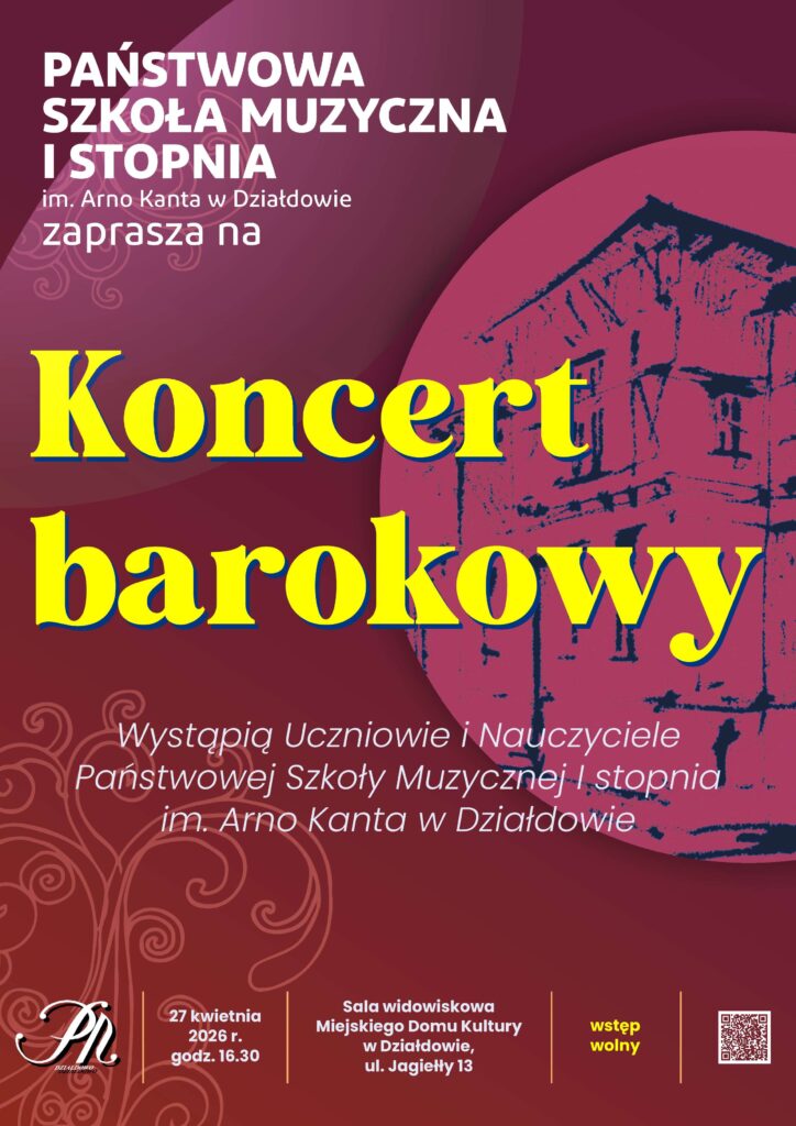 plakat informujący o koncercie uczniów i nauczycieli PSM I st. w MDK w Działdowie