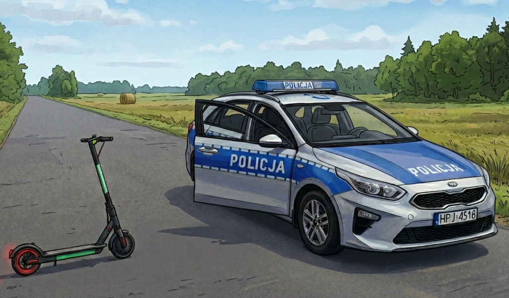na drodze stoi radiowóz policyjny i hulajnoga elektryczna, ilustracja do treści