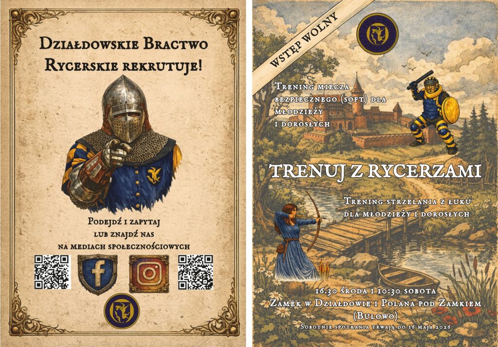 plakaty informujące o naborze do Działdowskiego Bractwa Rycerskiego