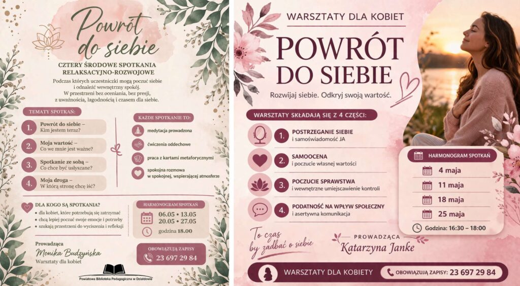 informujące o relaksacyjno-rozwojowych spotkaniach w Powiatowej Bibliotece Pedagogicznej w Działdowie
