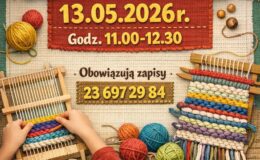 plakat informujący o warsztatach tkackich w Powiatowej Bibliotece Pedagogicznej w Działdowie