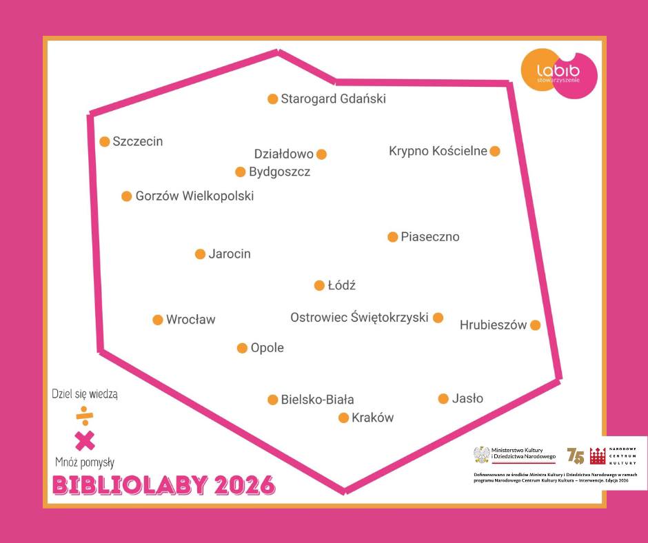 mapa przedstawiająca miejsca, w tym Działdowo, gdzie będą odbywać się tegoroczne "BiblioLABy"