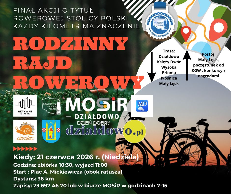 plakat informujący o Rodzinnym Rajdzie Rowerowym, organizowanym przez MOSiR Działdowo