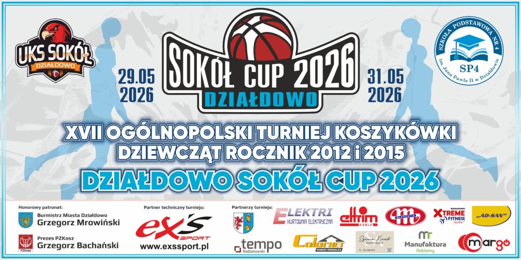 plakat informujący o turnieju koszykówki - XVII Ogólnopolski Turniej Koszykówki dziewcząt „Sokół Cup 2026”