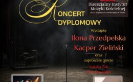 plakat informujący o koncercie dyplomowym „Między słowem a dźwiękiem” w Miejskim Domu Kultury w Działdowie