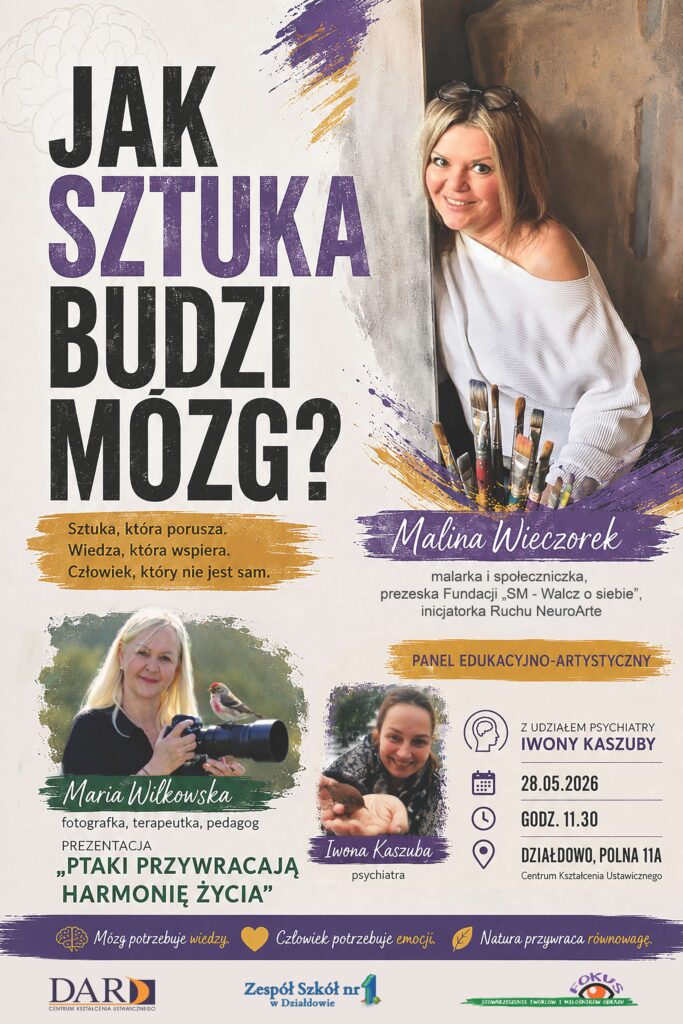plakat informujący o spotkaniu pt. "Jak sztuka budzi mózg" w Centrum Kształcenia Ustawicznego w Działdowie