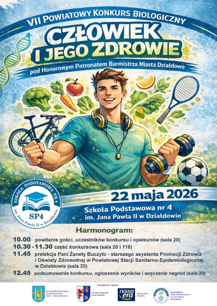 plakat informujący o VII Powiatowym Konkursie Biologicznym "Człowiek i jego zdrowie"