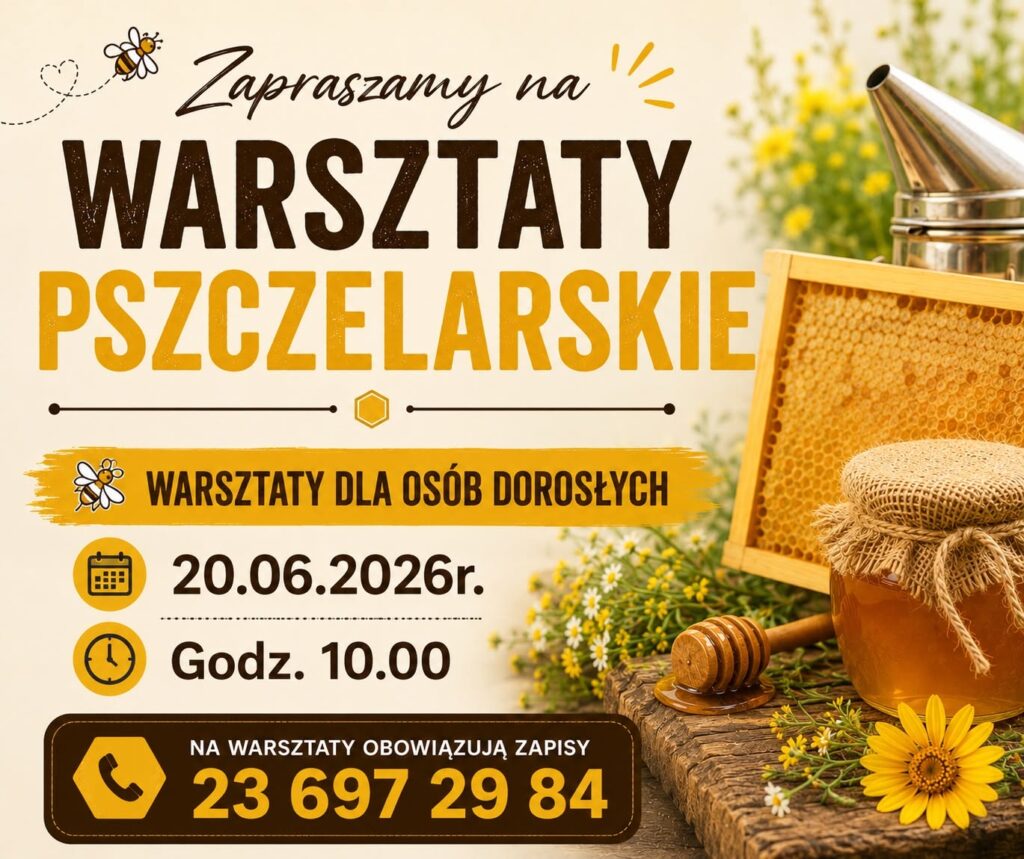 plakat informujący o spotkaniu z pszczelarzem w Powiatowej Bibliotece Pedagogicznej w Działdowie
