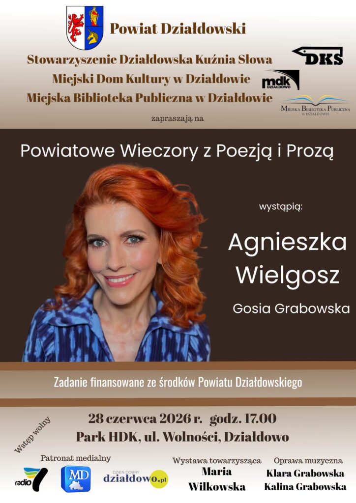 plakat informujący o Powiatowych Wieczorach z Poezją i Prozą 2026, pierwszym spotkaniu, które odbędzie się 28 czerwca w Parku HDK w Działdowie