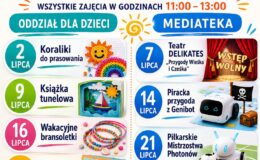 plakat informujący o zajęciach dla dzieci w wakacje w Miejskiej Bibliotece Publicznej w Działdowie