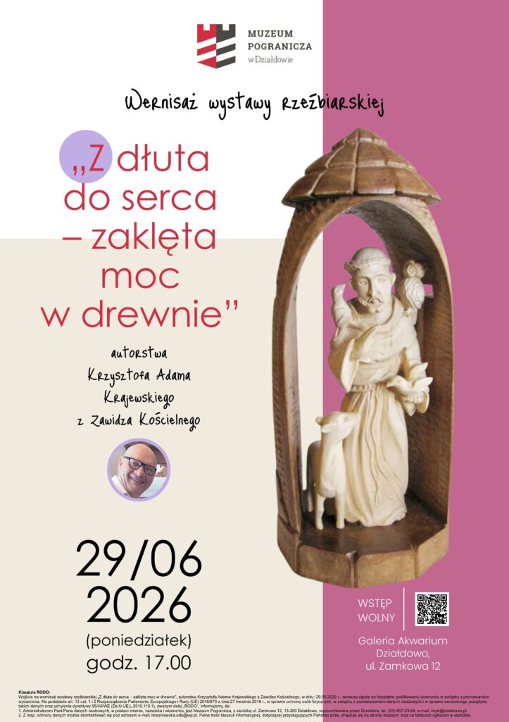 plakat informujący o wernisażu wystawy rzeźbiarskiej w Muzeum Pogranicza w Działdowie - "Galeria Akwarium"