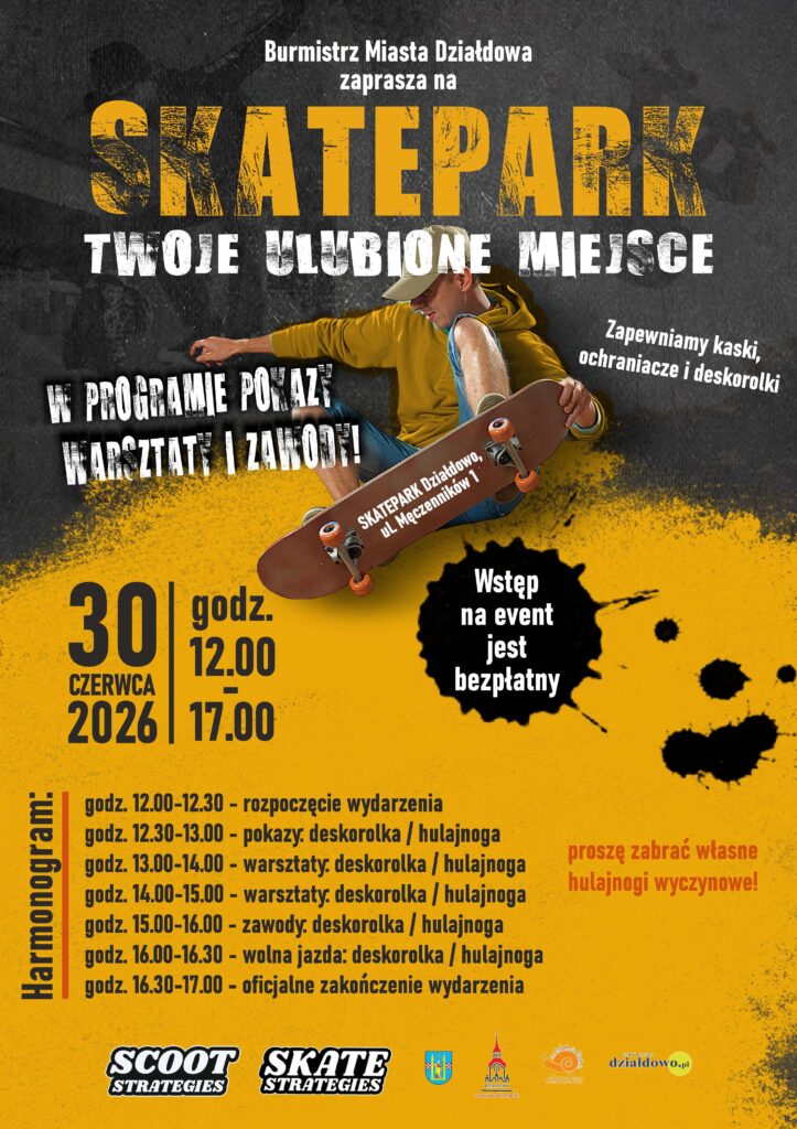 plakat informujący o evencie "Skatepark. Twoje ulubione miejsce"