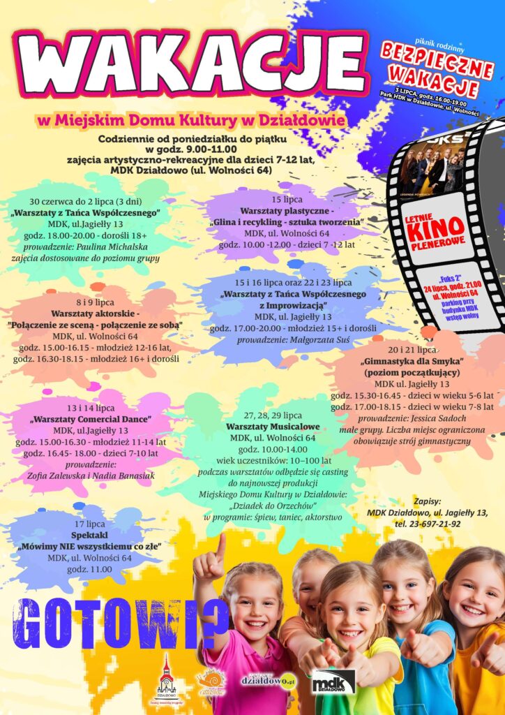 plakat informujący o atrakcjach przygotowanych przez MDK w Działdowie na wakacje 2026