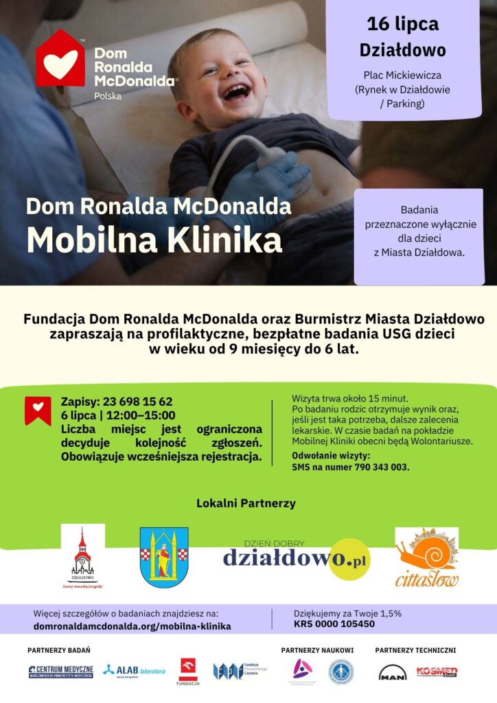 plakat informujący o zapisach na badania przesiewowe USG w Mobilnej Klinice Domu Ronalda McDonalda Polska, która przyjedzie do Działdowa